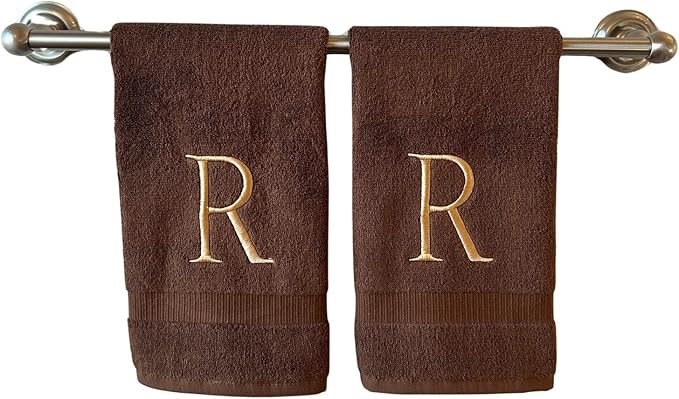 Brown Initial Hand Towel for Bathroom - Monogrammed Luxury Hotel Quality Decorative Embroidered Towel for Powder Room, Spa - GOTS Organic Certified - Set of 2 Beige Letter R