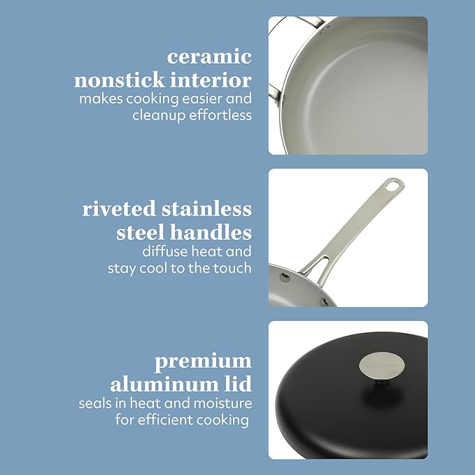 Sur La Table Kitchen Essentials Potluck Porch 10 Piece PFA Free Ceramic Non stick Interior Forged Aluminum Cookware Pots and Pans Set W/Aluminum Lids - Black - Induction Compatible