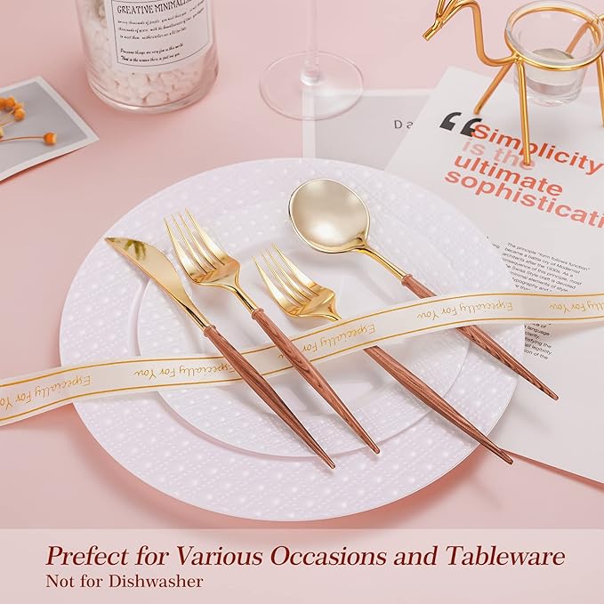 Lullaby 240PCS Gold Plastic Silverware, Gold Disposable Cutlery with Wood Grain Handle Include 80 Forks, 80 Spoons, 80 Knives, Elegant Disposable Silverware for Wedding, Party, Gathering, Daily Use