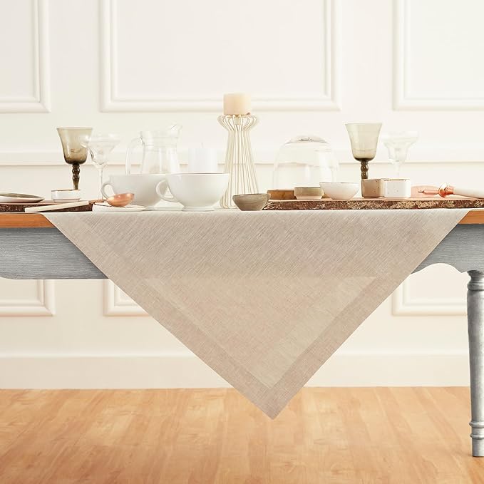 Solino Home Light Natural Linen Tablecloth 52 x 52 Inch - 100% Pure Linen Square Table Throw - Athena, Machine Washable Tablecloth for Holiday