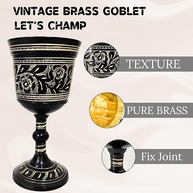 Solid Brass Vintage Chalic Goblet Medieval Handmade Decorative Wine Glass Communion Cup with Royal Embossed Design 1Pcs (Without Box, Floral Black)