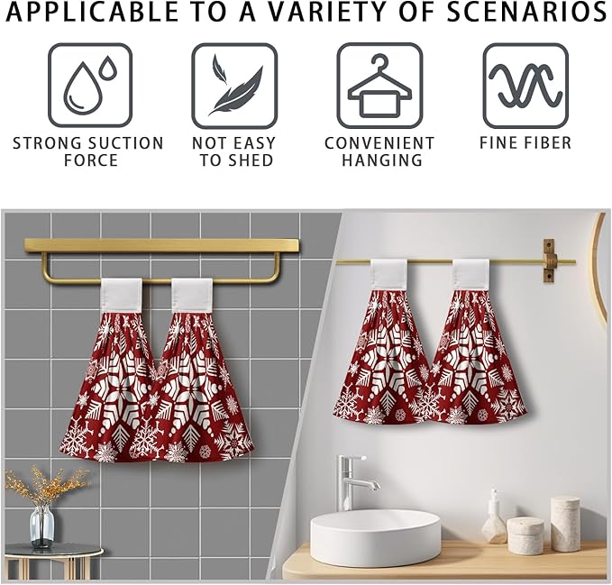 Snowflakes Xmas Hanging Kitchen Towels Winter Red Hand Tie Towel Soft Absorbent Christma Hanging Dish Towels for Kitchen Bathroom Home Decorations