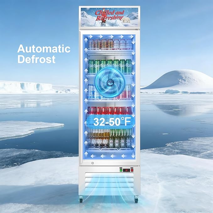 Commercial Beverage Refrigerator with Glass Door, 383L Display Fridge Beverage Cooler with Customizable Lightbox Adjustable Shelves, Drink Fridge Merchandiser for Restaurant Shop, White