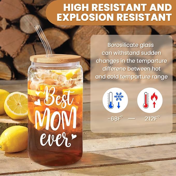 SANDJEST Gifts for Mom from Daughter Son - Mom 16 Oz Can Glass Coffee Cup with Bamboo Lid & Straw - Mothers Gift for Women on Birthday Mothers Day Valentines