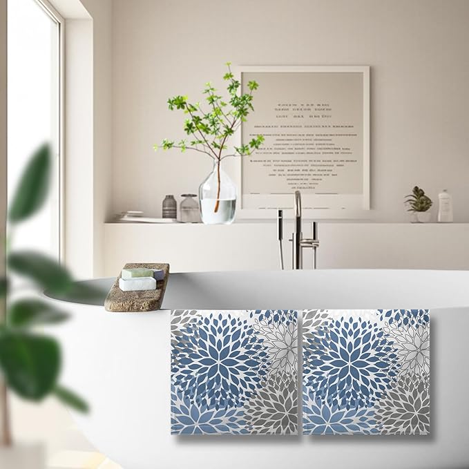 2 Pack Dahlia Flower Hand Towels for Bathroom Blue and Gray Floral Kitchen Dish Towels Soft Absorbent Decorative Tea Towel for Summer Bath Kitchen Gym Spa 14.4 x 28.3 Inch