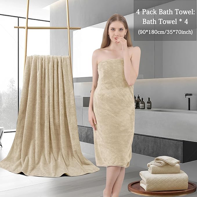 4 Piece Extra Large Bath Towels Set 35x70 Inches - Luxury 600 GSM Oversized Bath Sheet Towel,Ultra Soft Microfiber - Quick Dry,Highly Absorbent Shower Towels Spa Hotel Bathroom Towel Set (Beige)