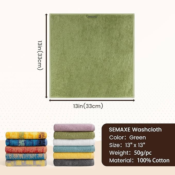 SEMAXE 100% Cotton Washcloths for Bathroom - 24 Pack, Quick-Dry Face Towels with Hanging Loop, Highly Absorbent and Soft, 13x13 Inch, Green