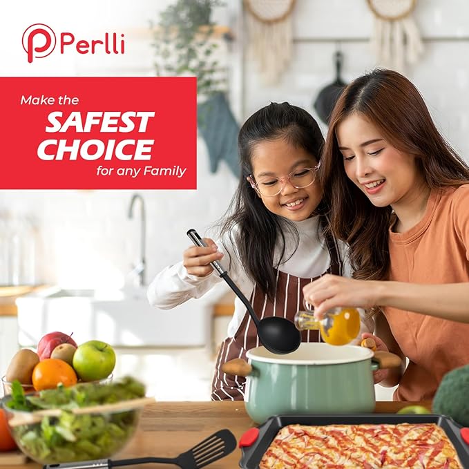 PERLLI Non-Stick 17-Piece Baking Pan Set, BPA-Free Carbon Steel Bakeware Set with Silicone Handles, Stackable Kitchen Oven Set, Cookie Sheet, Baking Tray, Baking Sheet Set, Utensils, Oven Safe (446°F)