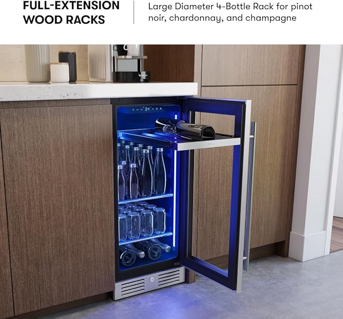 Zephyr Presrv 15" Slim Wine Fridge & Beverage Refrigerator Single Zone Under Counter - Narrow Mini Wine Cooler Small Beer Cabinet Drink Chiller Freestanding with Glass Door, 4 bottles, 64 cans