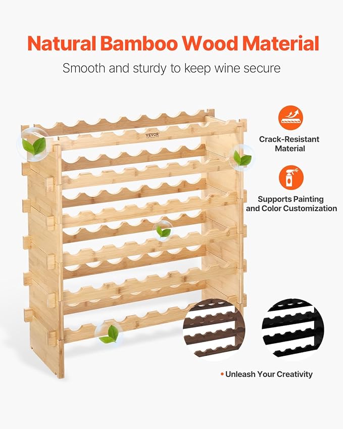 VEVOR 6-Tier 48 Bottles Stackable Modular Wine Rack, Freestanding Wines Holder Display Shelf, Solid Bamboo Wood Storage Racks, Wobble-Free Shelves for Kitchens, Dining Rooms, Cellars, Natural Color