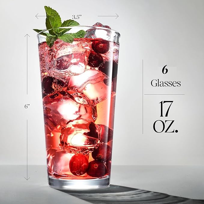 Glaver's Beer Pint Glasses Set of 6, Highball Glass 17 oz Tall Drinking Glasses Everyday Stackable Water Glass Cups Home Bar Cocktail Glassware