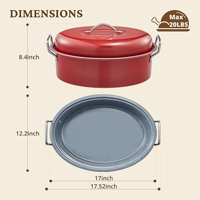 BRONYPRO Large Turkey Roasting Pan with Lid & Rack, 18-Inch Durable Granite Non-Stick Roaster, 20 lb Capacity for Roasting Turkey, Chicken, or Vegetables, Red