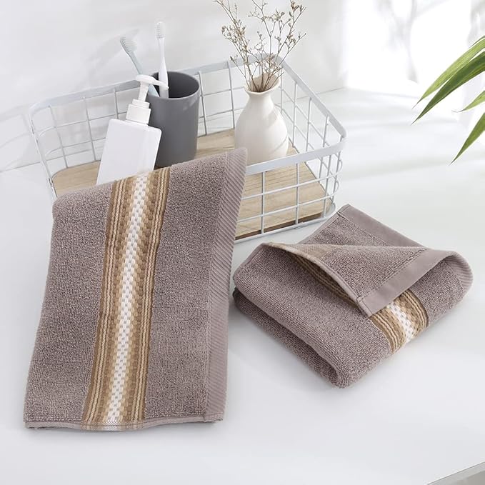YiLUOMO Hand Towels Textured Striped Pattern 100% Cotton Soft Highly Absorbent Hand Towel for Bathroom 13 x 29 Inch (Brown, 2-Pack)
