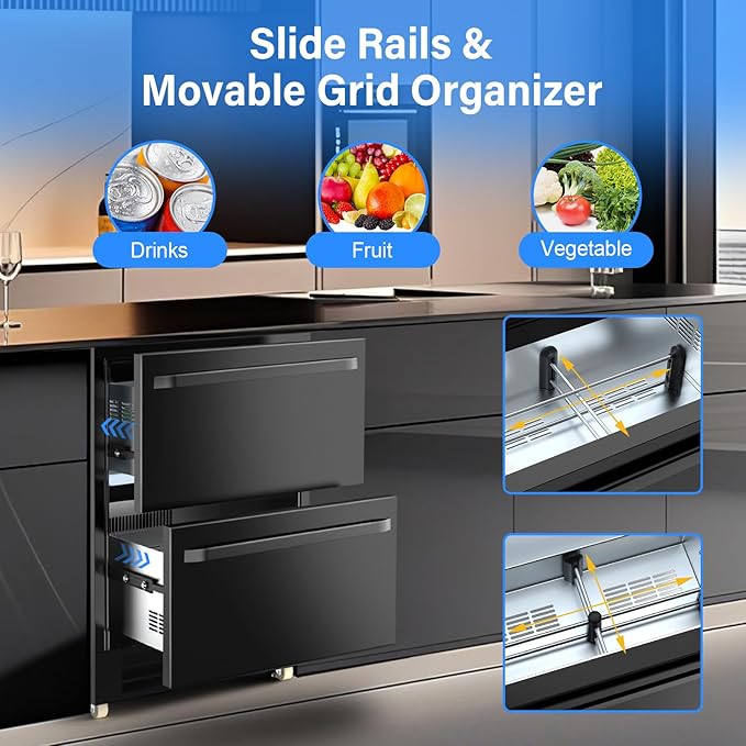 24 Inch Outdoor Refrigerator for Patio with Wheels-Under Counter Dual Drawer Beverage fridge with Stainless Steel Door, Built-In/Freestanding Drink Cooler for Outdoor/Indoor, Weatherproof, Black