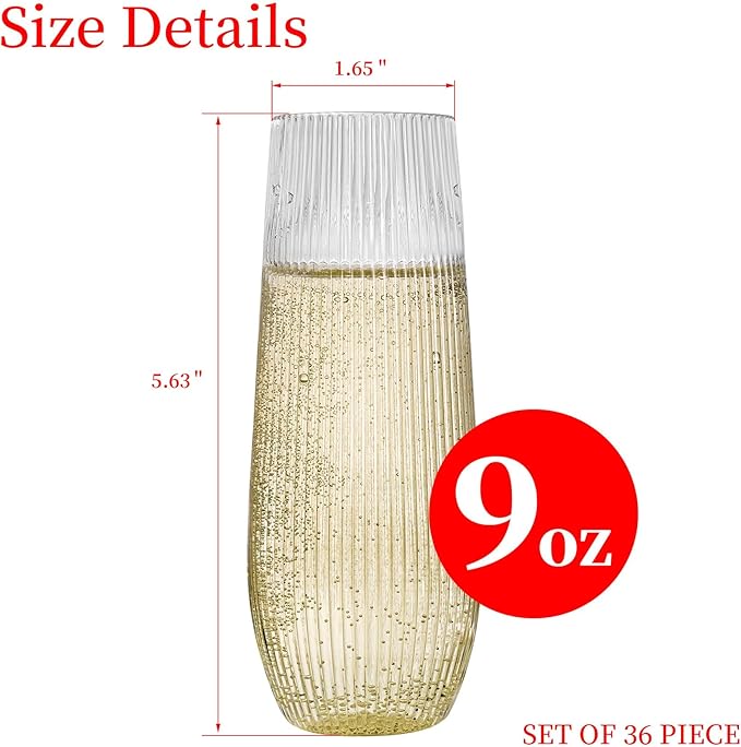 HOMIP 36pcs Clear Plastic Champagne Flutes - 9oz Disposable Champagne Flutes Stemless Toasting Glasses, Ribbed Ripple Design (BPA-Free) for Weddings, Bars & Events - Disposable Party Cups
