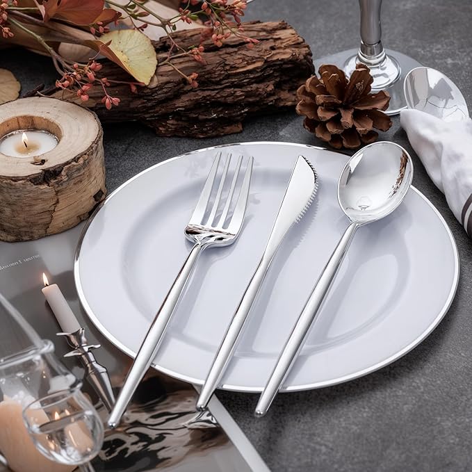 SUT 50 Pack Pre Rolled Silverware Set Disposable, 200 Pcs Silver Plastic Utensils Include 50 Forks, 50 Knives, 50 Spoons and 50 Napkins, Plastic Cutlery, Wrapped Silverware Set Disposable for Party