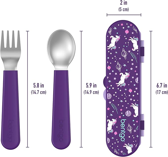 Bentgo® Kids Stainless Steel Utensil Set - Reusable Fork, Spoon & Storage Case - High-Grade BPA-Free Stainless Steel, Easy-Grip Handles, Dishwasher Safe for School Lunch, Travel & Outdoors (Unicorn)