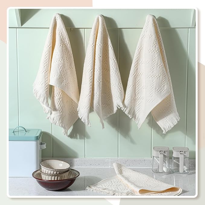 4 Pack Boho Bathroom Hand Towel 14 x 30 Inch 100% Turkish Cotton Decorative Boho Kitchen Hand Towel Farmhouse Bathroom Decor Set Absorbent Soft Guest Tea Gift(Cream White)