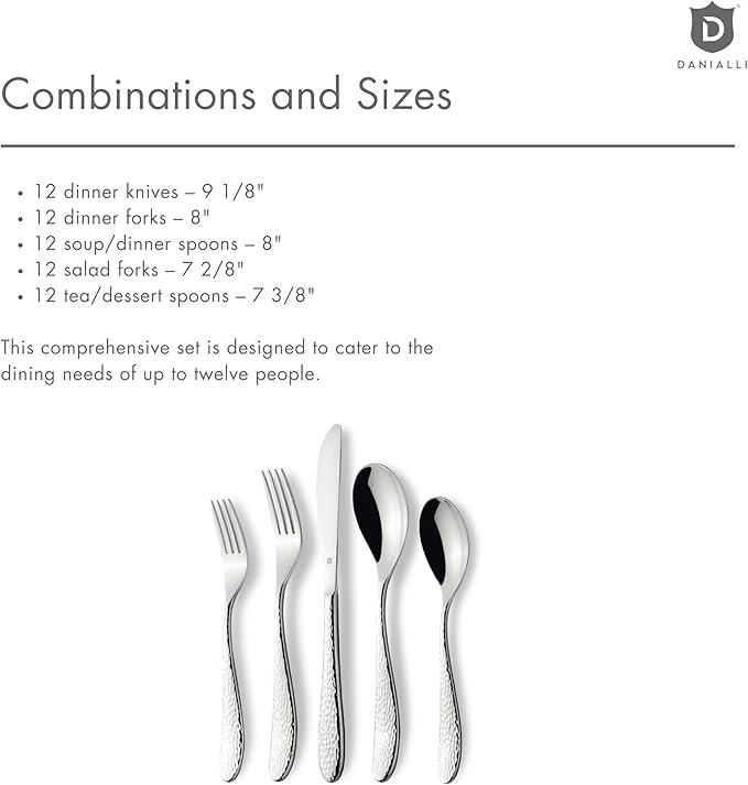 Hammered Silverware Set | Premium 18/10 Stainless Steel Flatware Service for 12 | Heavy-Duty & Dishwasher Safe | Built to Last (60-Piece, Marettimo Hammered)