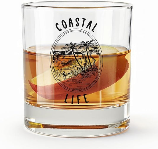 Beach Coastal Whiskey Glasses 10 oz, Beach Lover Gifts, Tropical Palm Tree Coastal Old Fashioned Rocks Glasses Cup for Women Men Drinking Scotch Bourbon Liquor