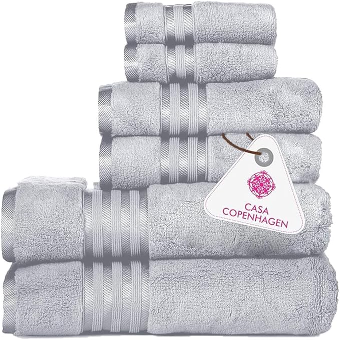 CASA COPENHAGEN Zero Twist, 6 Pieces Set 100% Cotton 0" Twist Towel Set- Grey Violet, 600 GSM, 2 Bath, 2 Hand, 2 Washcloths Made from Egyptian Cotton, Ultra Soft Luxury Towels for Bathroom.