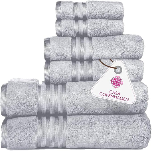 CASA COPENHAGEN Zero Twist, 6 Pieces Set 100% Cotton 0" Twist Towel Set- Grey Violet, 600 GSM, 2 Bath, 2 Hand, 2 Washcloths Made from Egyptian Cotton, Ultra Soft Luxury Towels for Bathroom.