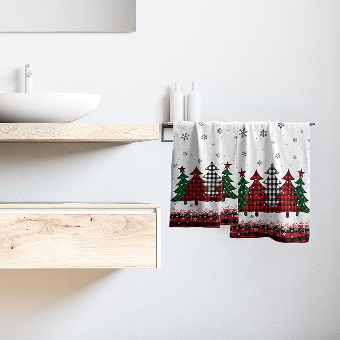 Imiss Christmas Hand Face Towels 2 Pcs - Red Black Buffalo Plaid Xmas Tree Guest Fingertip Towels 14.4 x 28.3 Inch for Winter Holiday Bathroom Seasonal Decor Gift