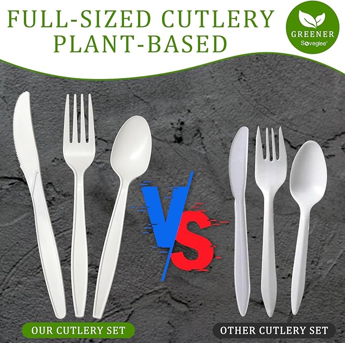 Compostable Utensils, White No Plastic Silverware, Compostable Cutlery 100 Forks 100 Spoons 100 Knives, No Plastic Disposable Silverware, Eco Friendly Disposable Cutlery for Party Office Wedding