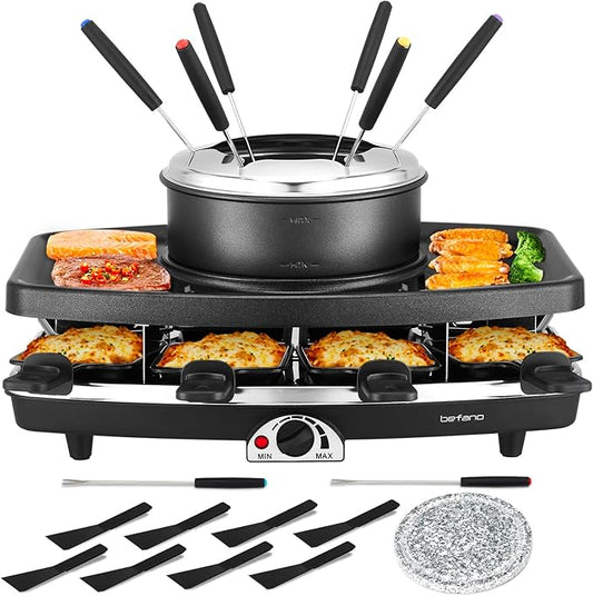 Electric Raclette BBQ Grill with Fondue Pot Sets, Portable Korean Table Grill Electric Indoor Cheese Raclette, Dual Adjustable Thermostats, 8 People Serve Perfect for Parties and Family Fun