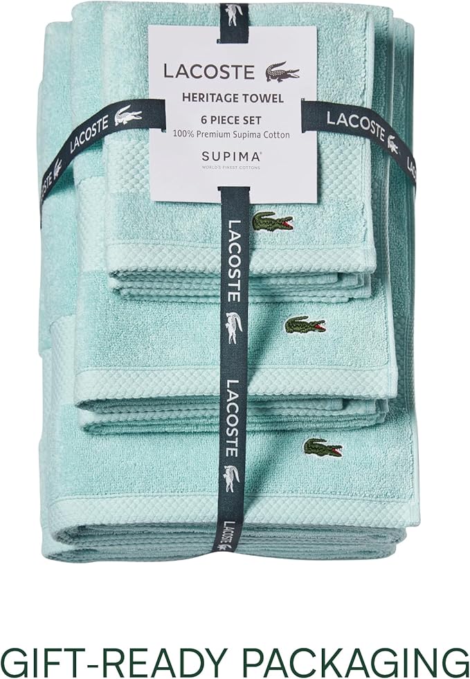 Lacoste Heritage Supima Cotton 6-Piece Towel Set, 2 Bath Towels, 2 Hand Towels, 2 Washcloths, Mint – Highly Absorbent & Quick Drying, Bathroom Essential, Machine Washable