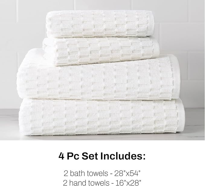 DKNY Metro Tile Quick Dry 100% Cotton Towel Set for Bathroom – 2 Bath, 2 Hand, Zero Twist, Absorbent, Supremely Soft, 550 GSM, 4 Piece, White