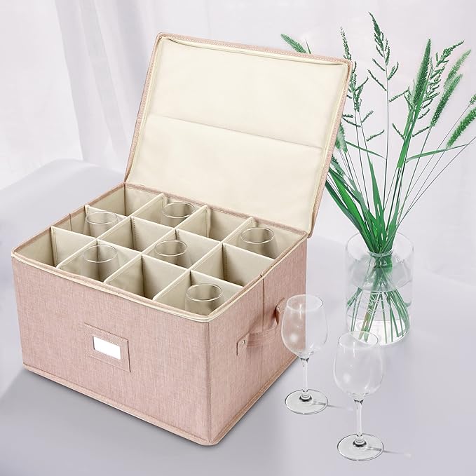 popoly Wine Glass Storage Box, Stemware Storage Containers Cases with Dividers, Stackable Moving Supplies for 12 Wine Glasses, Drinkware, Glassware or Crystal (Beige)