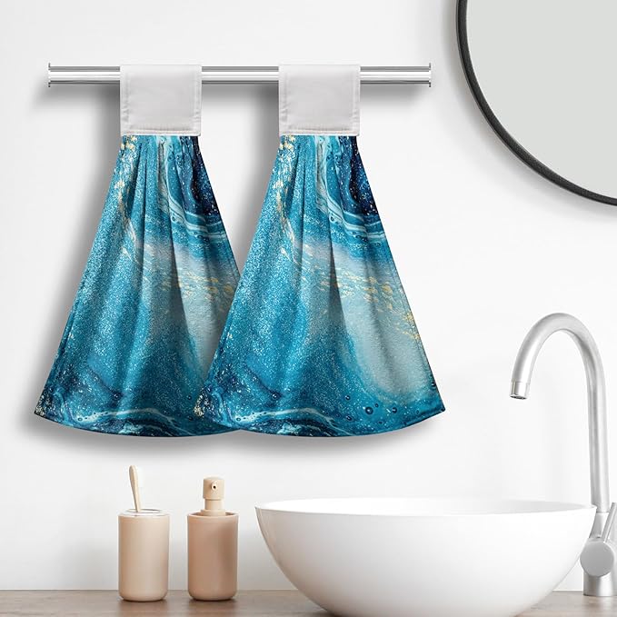 Blue Marble Hanging Hand Towels Set of 2 Summer Ocean Kitchen Towel with Loop Blue Sea Decorative Bathroom Tie Towels Soft Lightweight Dish Towel for Kitchen Home Washroom Decor 17 * 12 Inch
