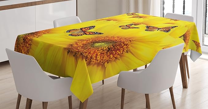 Ambesonne Sunflower Tablecloth, Mustard Toned Closeup Flowers and Flying Monarch Butterflies Warm Colors Round Details Design, Dining Room Kitchen Rectangular Table Cover, 52" X 70", Marigold Yellow