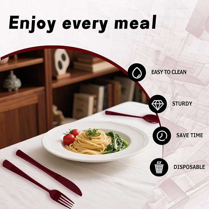 150 Pack Disposable Plastic Silverware, Heavy Duty Burgundy Plastic Cutlery Set Includes 50 Forks 50 Knives 50 Spoons for Birthday Wedding Party Picnics (150, Burgundy)