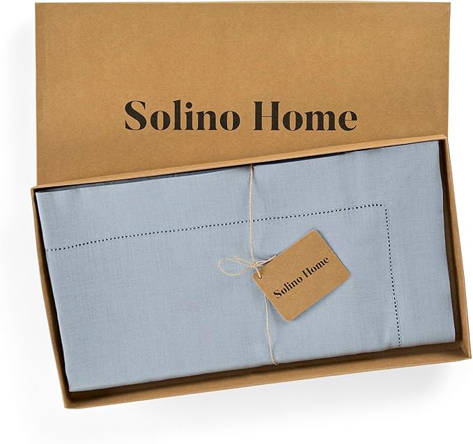 Solino Home Linen Tablecloth 52 x 52 Inch - 100% Pure Linen Dusty Blue Square Tablecloth - Classic Hemstitch, Machine Washable Table Throw for Winter
