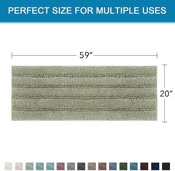 H.VERSAILTEX Bath Rugs for Bathroom Non Slip Bath Mats Thick Chenille Striped Bath Rug Runners 59" x 20" Absorbent Fluffy Soft Shaggy Mats Dry Fast Plush Area Carpet for Bath Room - Eucalyptus Green