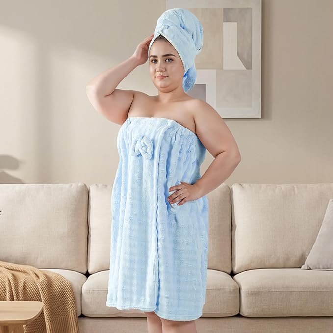 REDKISS Blue Towel Wrap for Women, XL Spa Shower Wrap with Hair Towel, Super Absorbent Bath Towels Robe for Body, Adjustable Microfiber Plush Bathrobe for Girls, Warmth Velcro Plus Size Wraps Towels