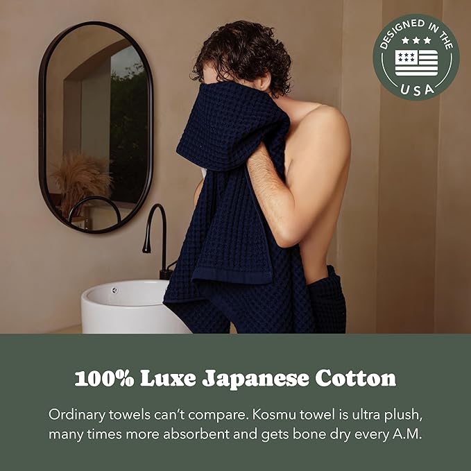 Luxury Organic Japanese Cotton Waffle Bath Towel | Thick, Absorbent, Quick Dry Bathroom Towels for Shower, Sauna, Onsen| Hotel & Spa Quality, Gift-Ready (Ocean Blue, Bath Towel (55" x 34"))