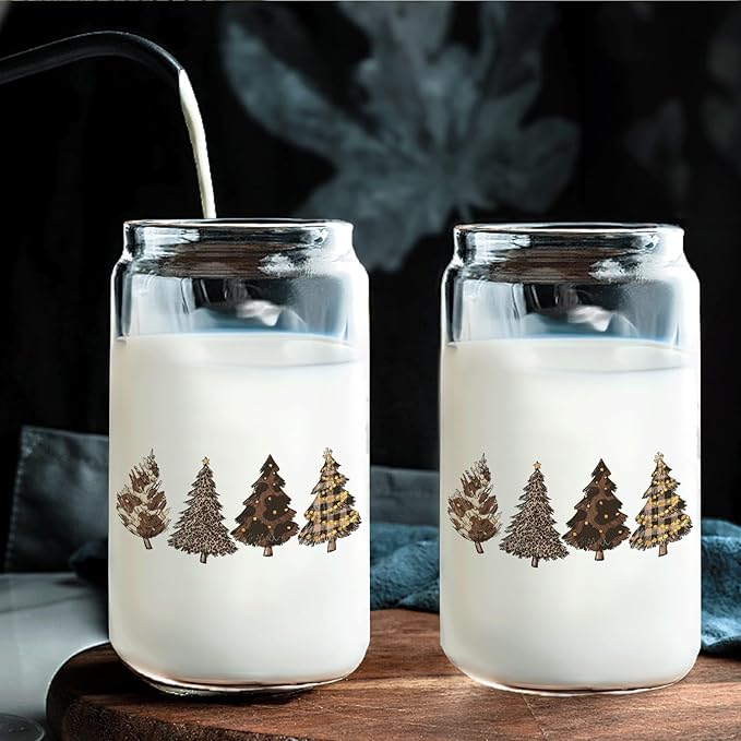 leopard Christmas Tree gifts Glass Coffee Cup With Lid And Straws 14oz - Merry Christmas Drinking Jar Gift For Women Kids Men,Glass Cup For leopard Xmas Decor