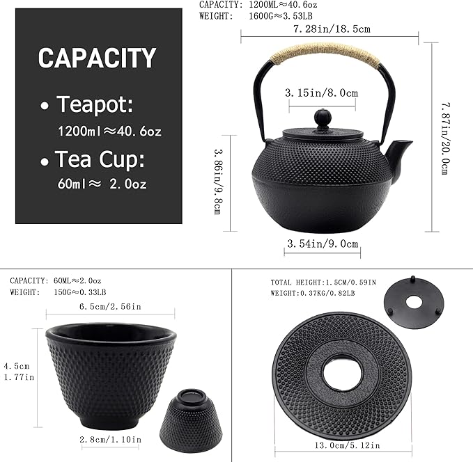 YJX Cast Iron Tea Pot Set, Japanese Tetsubin, 40.6oz Tea Kettle for Stovetop, Black Teapot with Stainless Steel Infuser for Loose Leaf Tea, 1200ml Small Asian Tea Set with Teacups