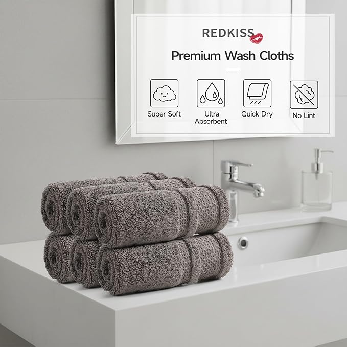REDKISS Luxury Washcloths for Showering, 13x13 inch, 100% Cotton Premium Wash Cloths Set of 6, Super Soft and Highly Absorbent Face Towels for Bathroom, Spa, Gym and Hotel, Brown