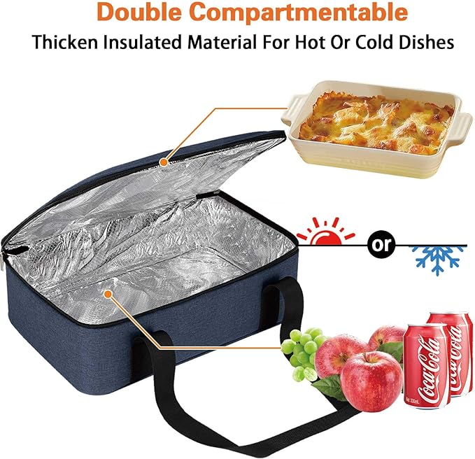 LHZK Insulated Casserole Carriers for Hot or Cold Food, Lasagna Holder Tote for Potluck Parties, Beach, Picnic, Travel, Fits 11x15 or 9x13 Dish (Blue)