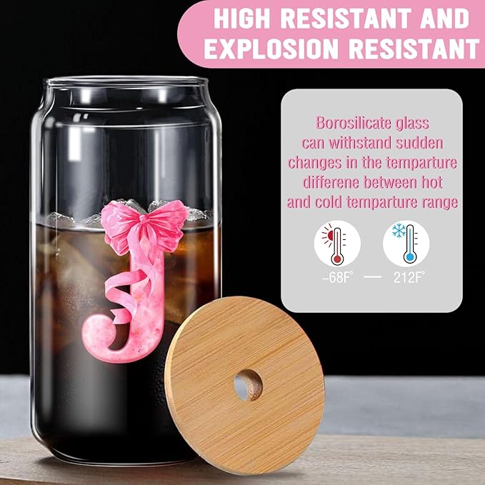 Aesthetic Gifts for Women, Initial J Tumbler 16oz Pink Glass Cup with Lid Straw - Cute Coffee Bar Accessories with Cleaning Brush & Gift Box (J)