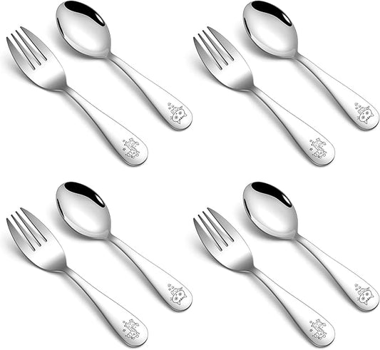 HaWare 8 Pieces Toddler Utensil Sets, Stainless Steel Kids Silverware Set Includes Toddler Forks and Spoons, Kids Safe Cutlery Set for Self Feeding, Cute Animal Handle Pattern, Dishwasher Safe