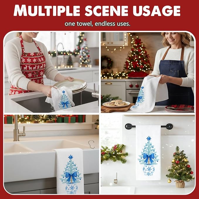 1PCS Bule Xmas Chinoiserie Christmas Kitchen Hand Towels,Blue and White Porcelain Decorative Dish Tea Towel,Bow Chinoiserie Decor for Bathroom, for Women,16x24inch -A02