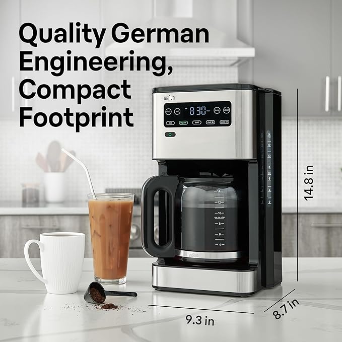 Braun PureFlavor 14‑Cup Programmable Coffee Maker – Fast Brew Speed, Touch Display, Bold & Brew‑Over‑Ice Modes, FlavorCarafe & Adjustable Warm Plate