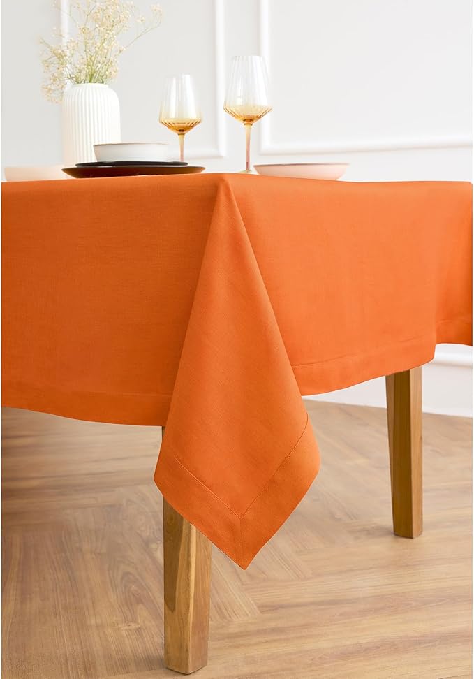 Solino Home Linen Tablecloth for Rectangle Tables 60 x 108 Inch - 100% Pure Linen Persimmon Orange Table Cloth - Fete, Machine Washable Cloth Tablecloth