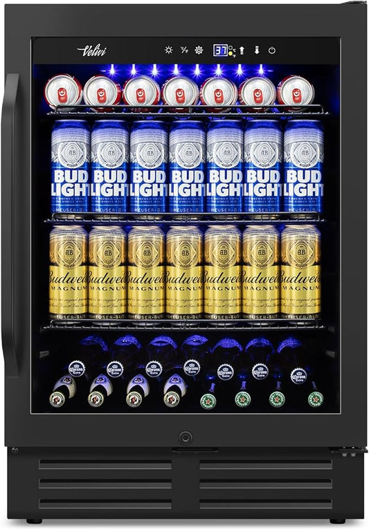 24" Black Beverage Refrigerator Cooler: 24Inch Built-In Under Counter Fridge for Soda, Beer, Drink | 168Cans Large Capacity - Perfect for Kitchen, Bar, or Office