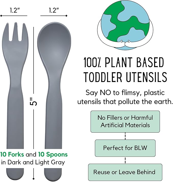 THEO'S 20 Pack Eco-Friendly Utensils for Baby & Toddler | 100% Biodegradable + Compostable 5.0"x1.2" Plant Based Spoons & Forks (10 each) | BPA Free, Dishwasher + Microwave Safe, Light & Dark Gray